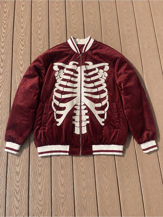 Jackets & Blazers - Maroon Velvet Bomber Jacket with White Skeleton Graphic